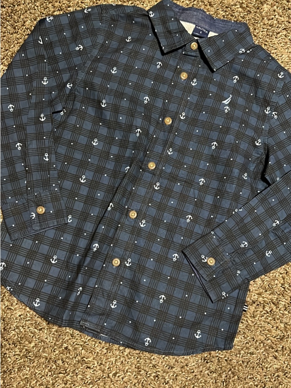 Nautica Boys Blue Plaid Button-Down Shirt with White Anchor Print